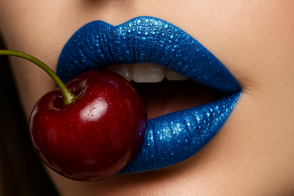 a close up of a ladys blue sparkly lipstick while eating a big juicy cherry 