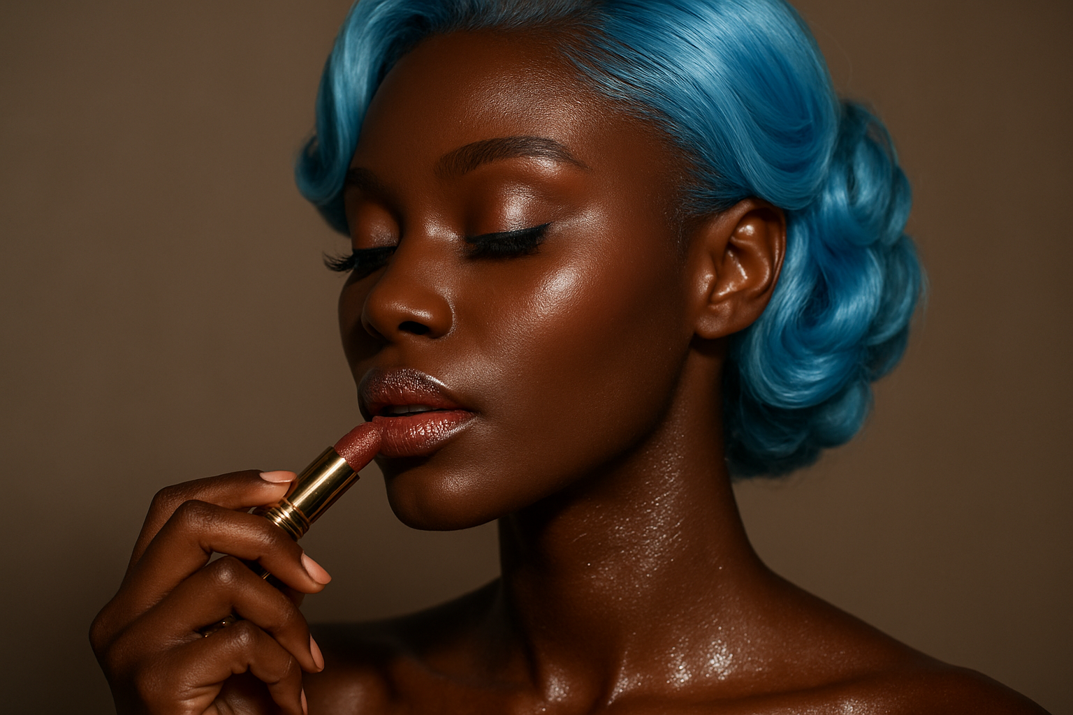 very dark skinned glistening woman with baby blue hair putting on glittery lipstick 